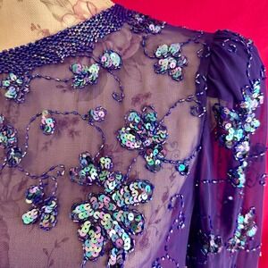 Sequin Beaded Sheer Purple Tunic Top XL Vintage Y2K Lillie Rubin‎ Glam Party
